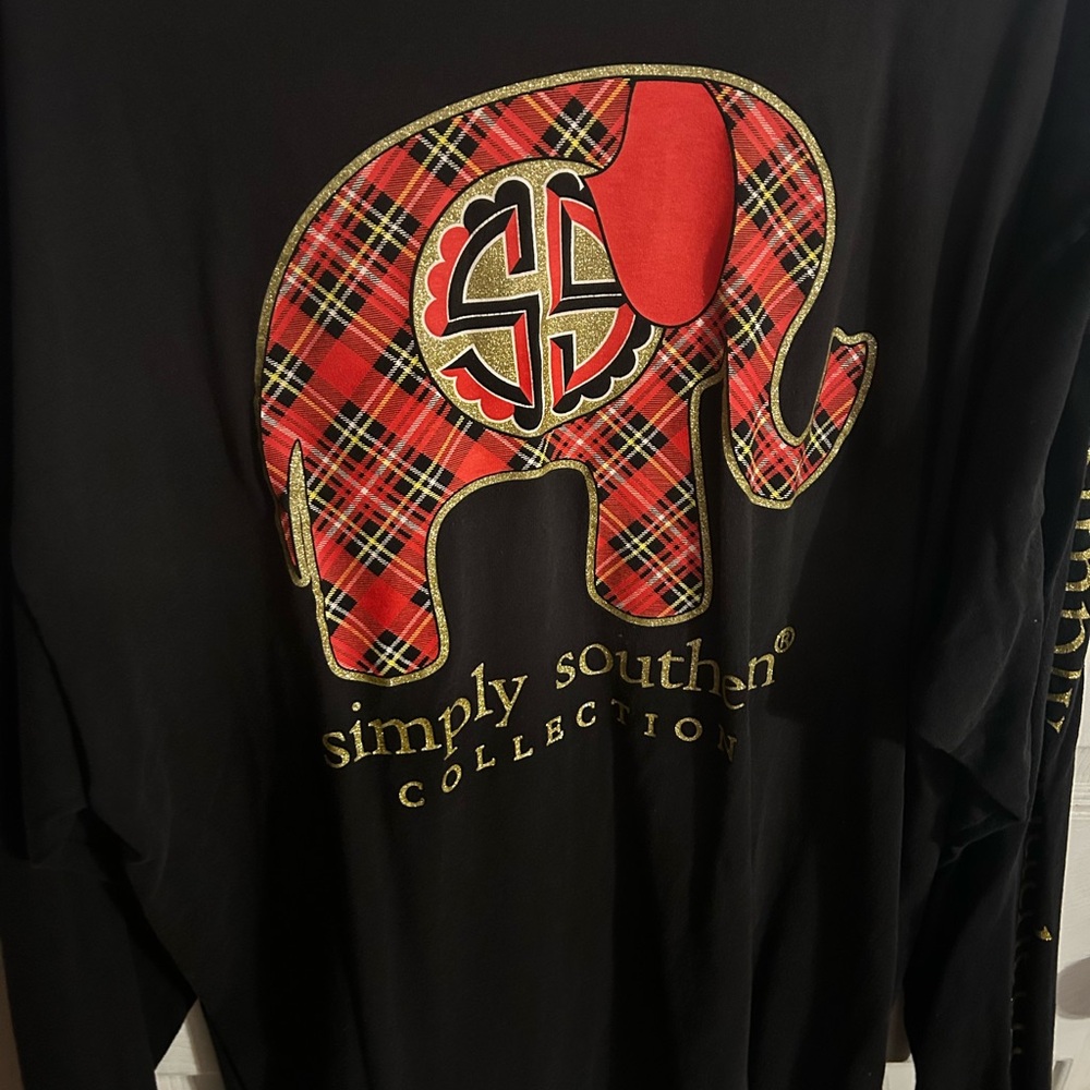 Simply Southern Black Long Sleeve Tee with Red Plaid Elephant